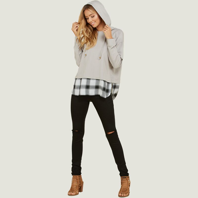 Checkered Hem Hoodie Sweater Grey