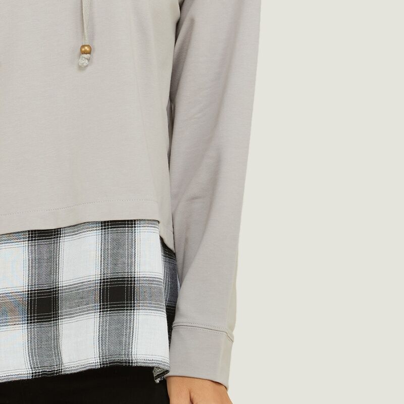 Checkered Hem Hoodie Sweater Grey