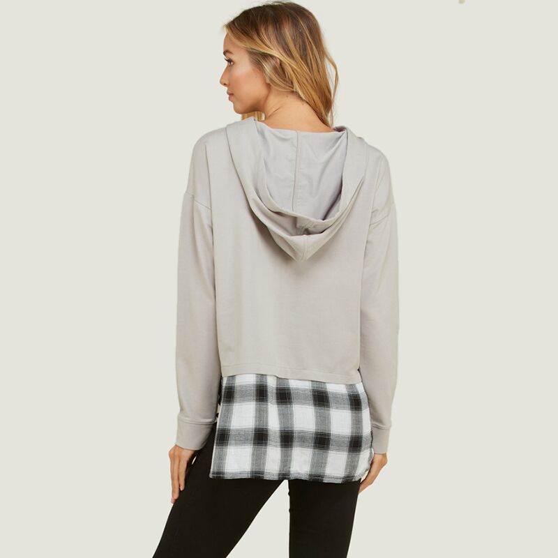 Checkered Hem Hoodie Sweater Grey