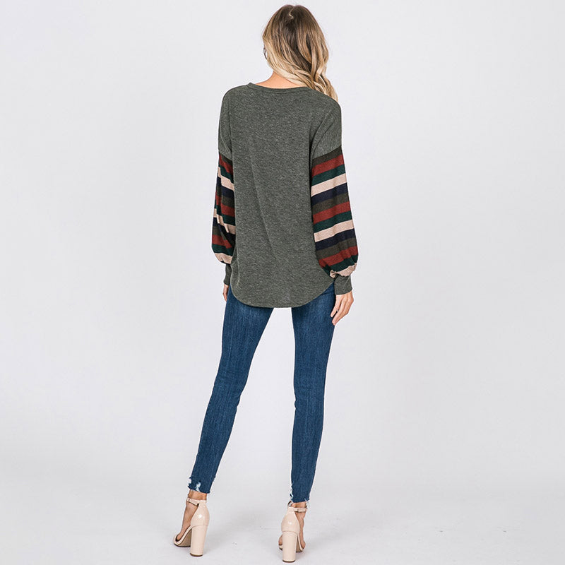 Aine Stripe Sleeve Top Khaki - The Casual Company