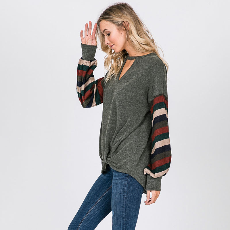 Aine Stripe Sleeve Top Khaki - The Casual Company