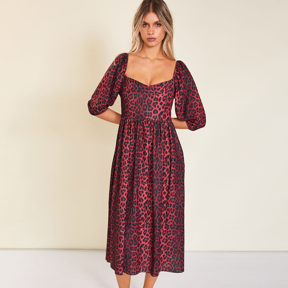 Kadie Leopard Dress (Burgundy)