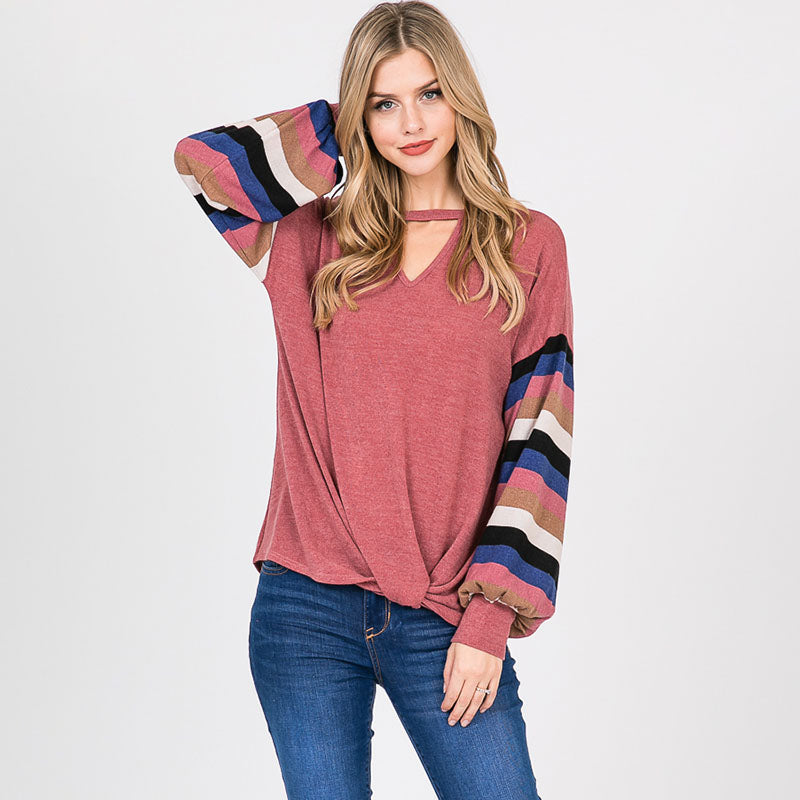 Aine Stripe Sleeve Top Mauve - The Casual Company