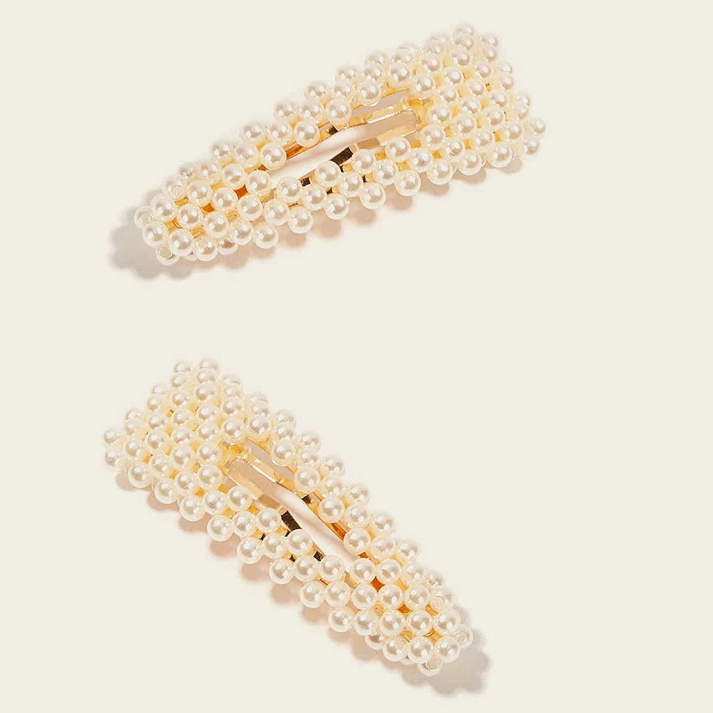 Faux Pearl Deign Hair Snap Clip 2pcs (Beige)