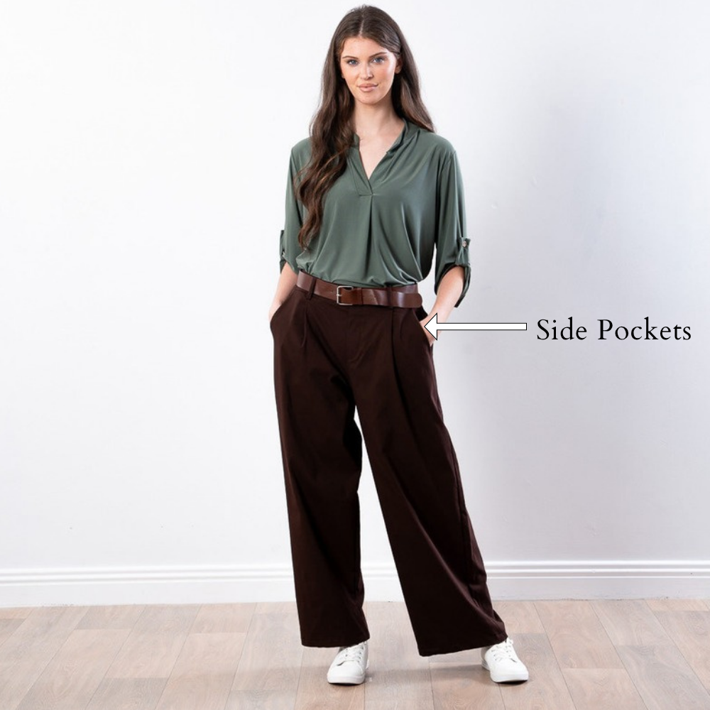Nora Wide Leg Trousers (Brown) - Side Pockets