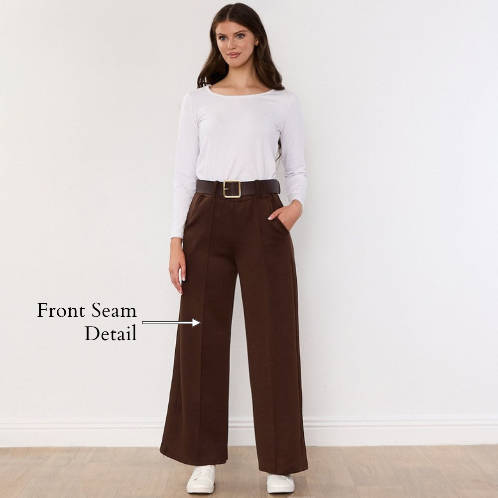 Ellana Trousers (Brown) - Front Seam Detail