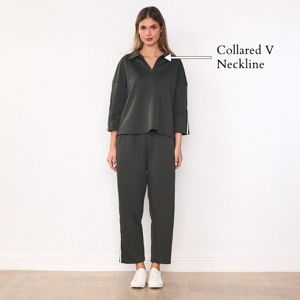 Jane Co-ord (Khaki & White Stripe) - Collared V Neckline