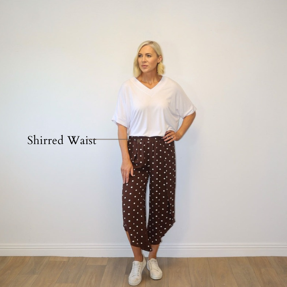 Sasha Wide Leg Pants (Brown Polka Dot) - Shirred Waist