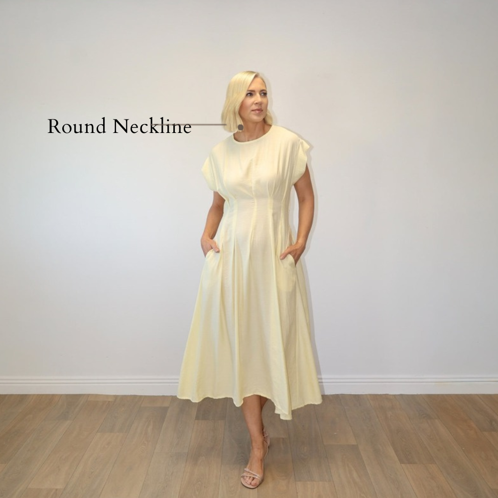 Elise Pleated Midi Dress (Lemon) - Round Neckline