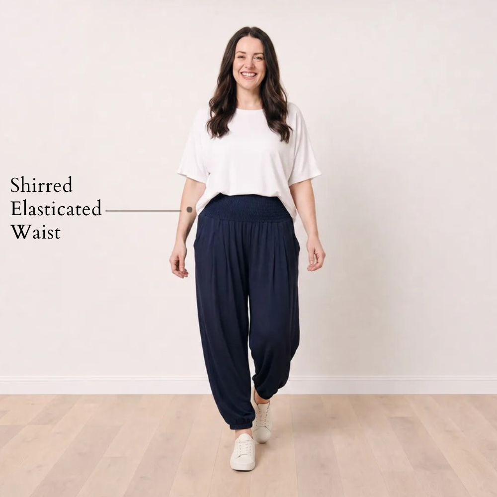 Orla Trousers Navy - Shirred Elasticated Waist
