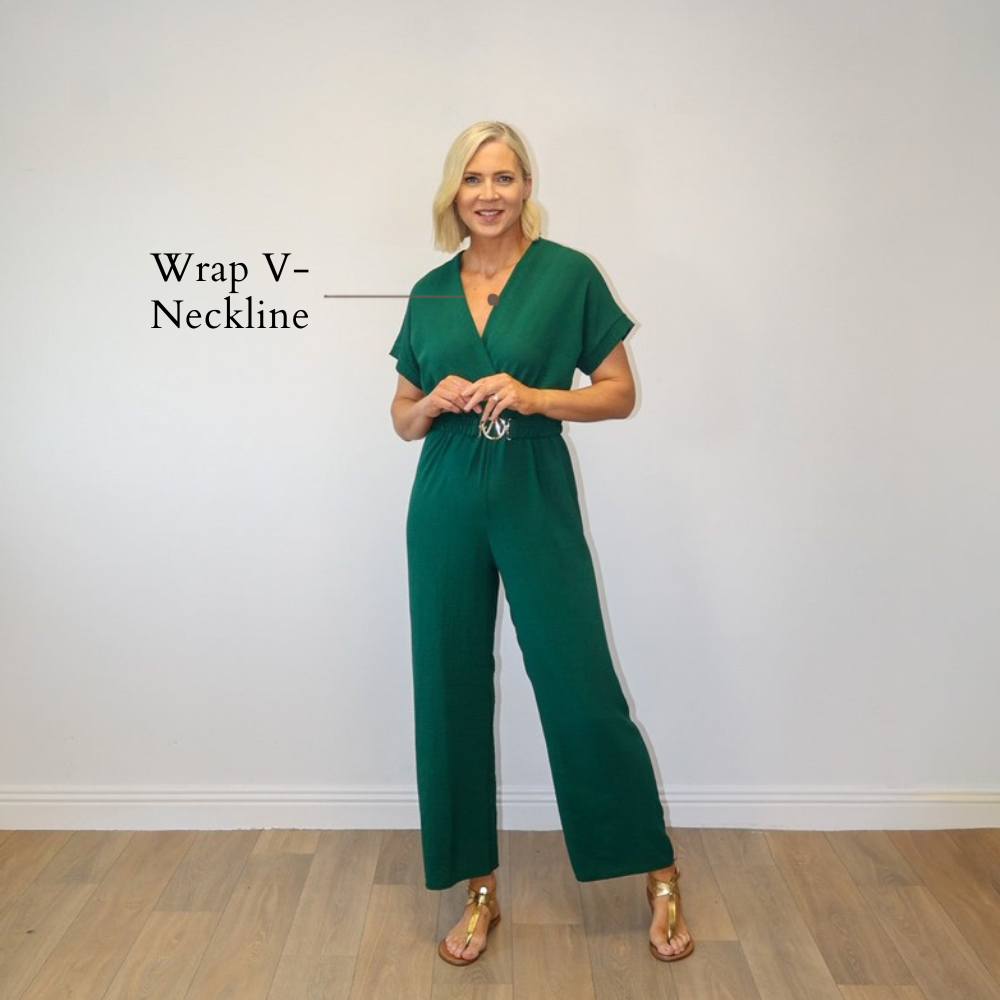 Marbella Belted Jumpsuit Green - Wrap V-Neckline