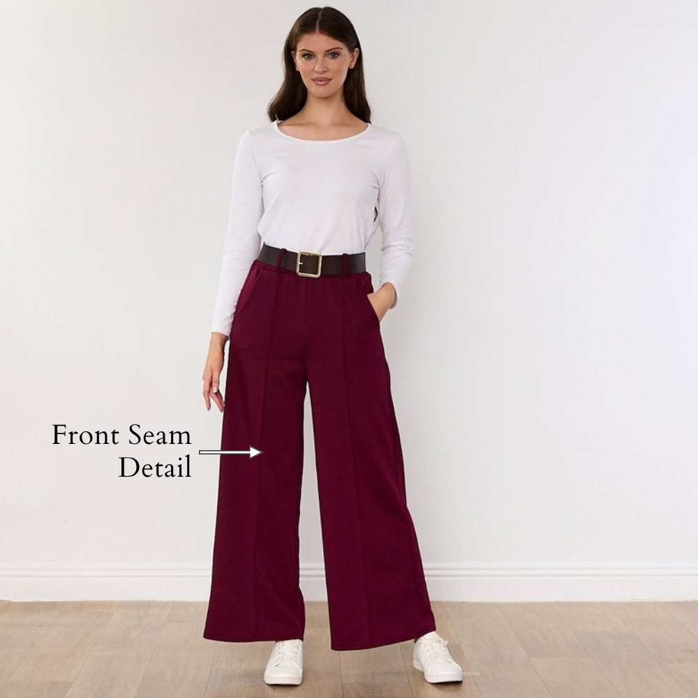 Ellana Trousers (Wine) - Front Seam Detail