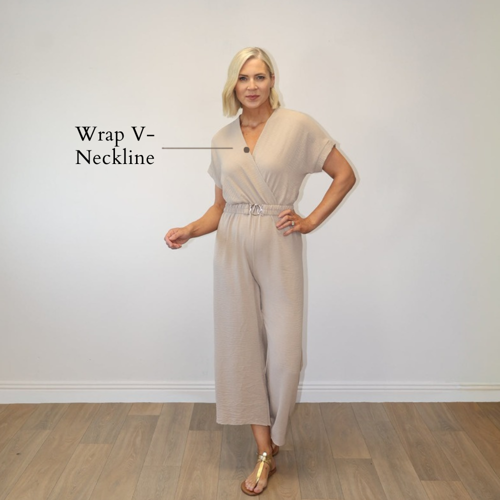 Marbella Belted Jumpsuit Stone - Wrap V-Neckline