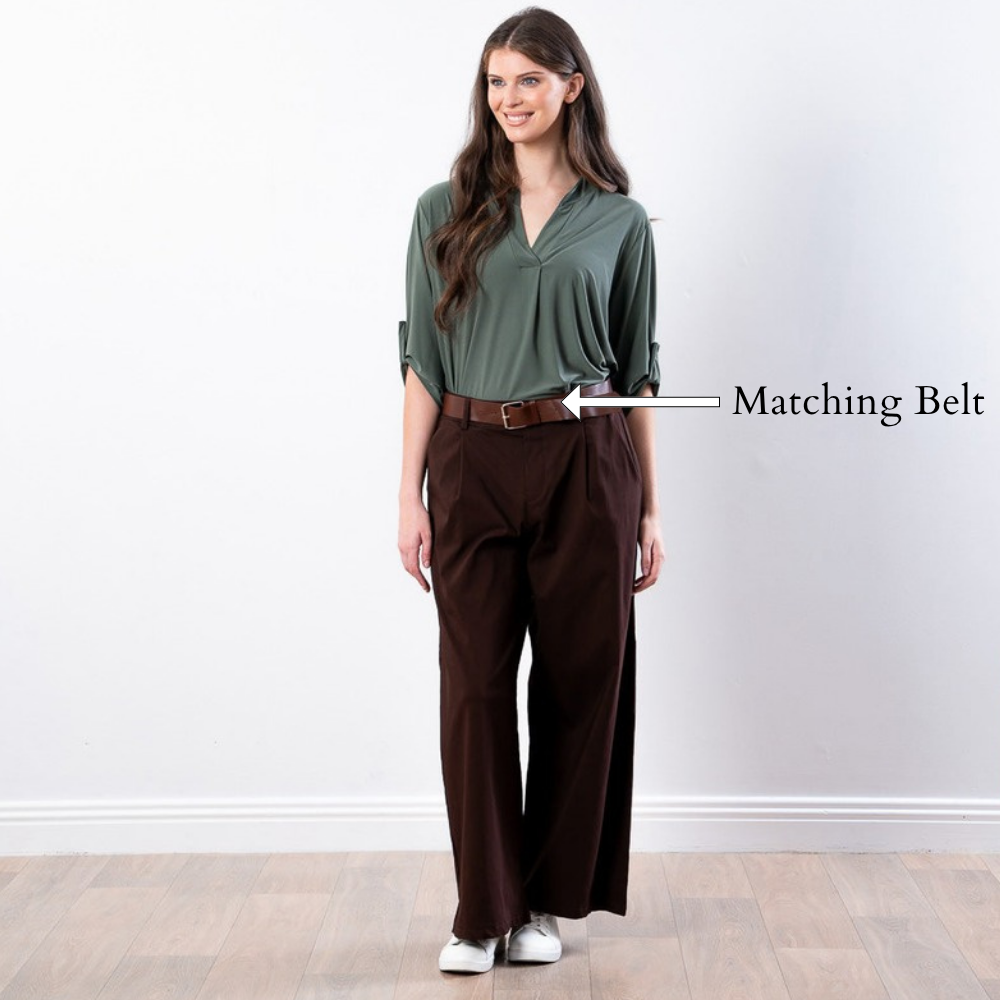 Nora Wide Leg Trousers (Brown) - Matching Belt