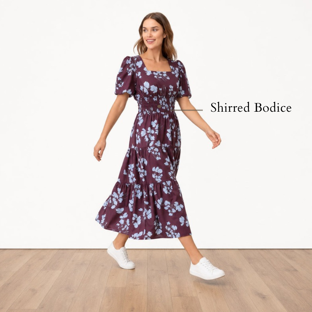 Iris Dress Berry Blue Flower - Puff Sleeves