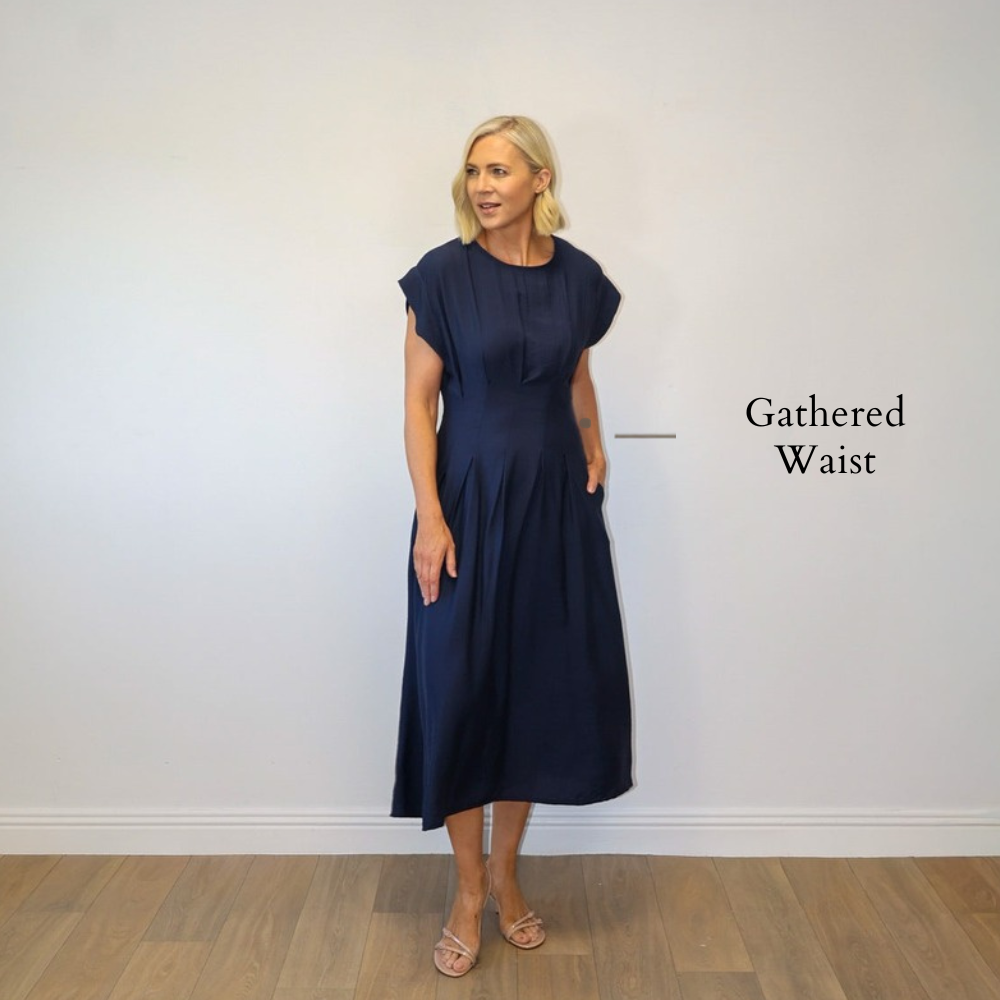 Elise Pleated Midi Dress (Navy) - Gathered Waist
