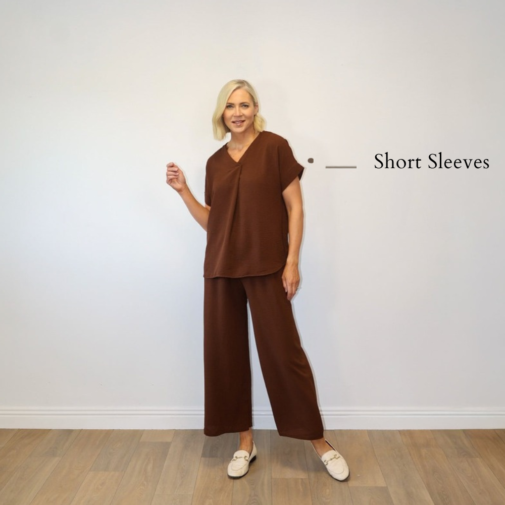 Quinn V-Neck Co-ord (Brown) - Short Sleeves