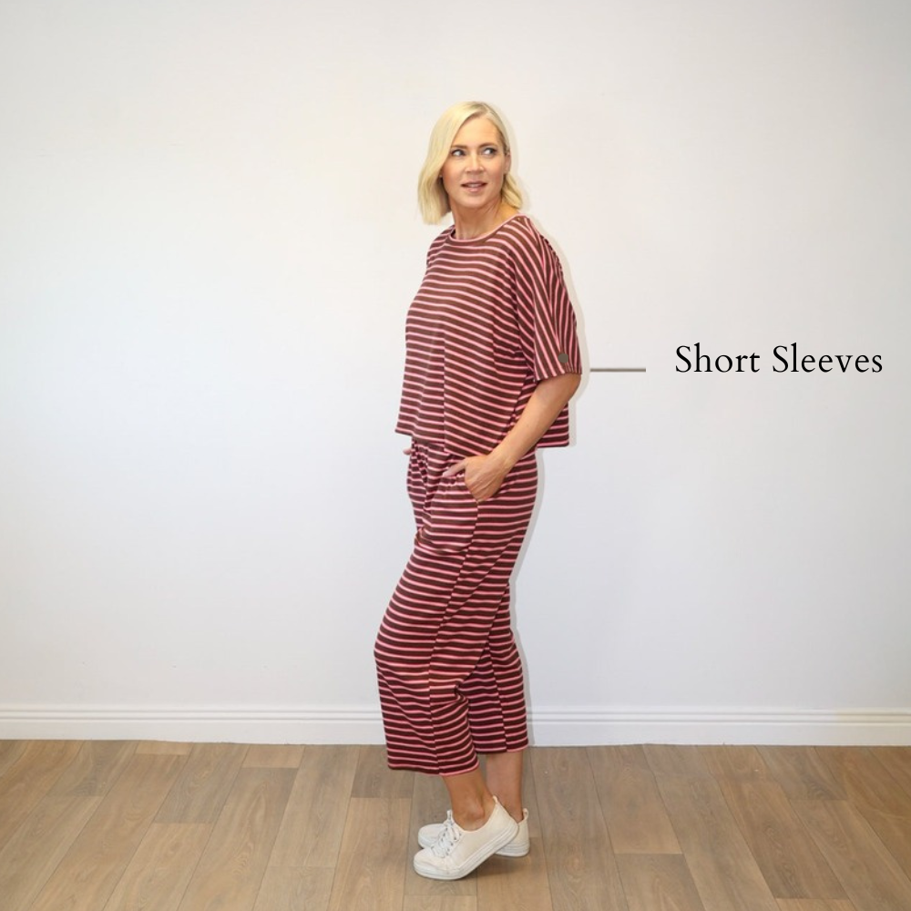 Yolanda Co-Ord (Coffee/Pink Stripe) - Short Sleeves