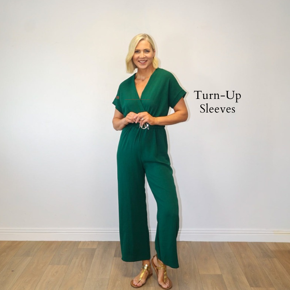 Marbella Belted Jumpsuit Green - Turn-Up Sleeves