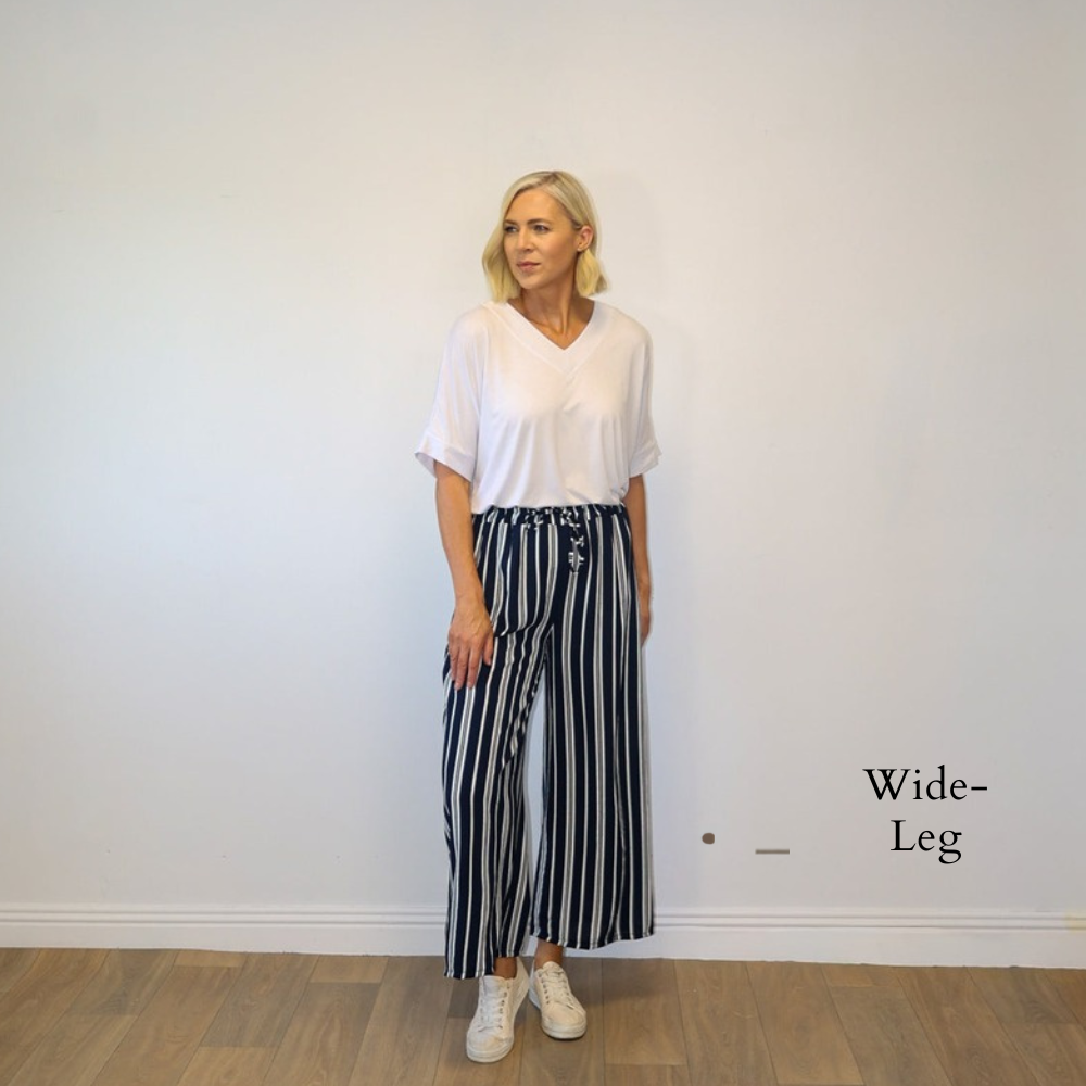 Zara Trousers (Navy/White Stripe) - Wide-Leg