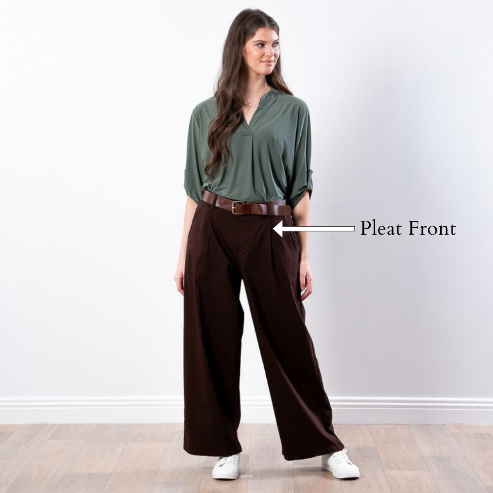 Nora Wide Leg Trousers (Brown) - Pleat Front