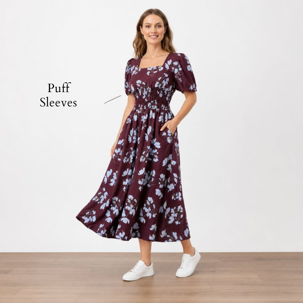 Iris Dress Berry Blue Flower - Shirred Bodice