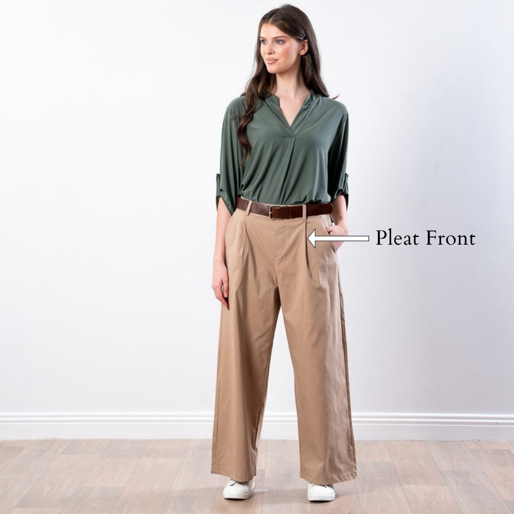 Nora Wide Leg Trousers (Sand) - Pleat Front