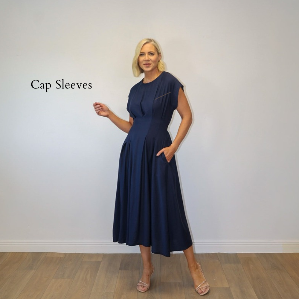 Elise Pleated Midi Dress (Navy) - Cap Sleeves