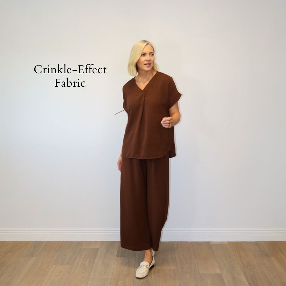 Quinn V-Neck Co-ord (Brown) - Crinkle-Effect Fabric