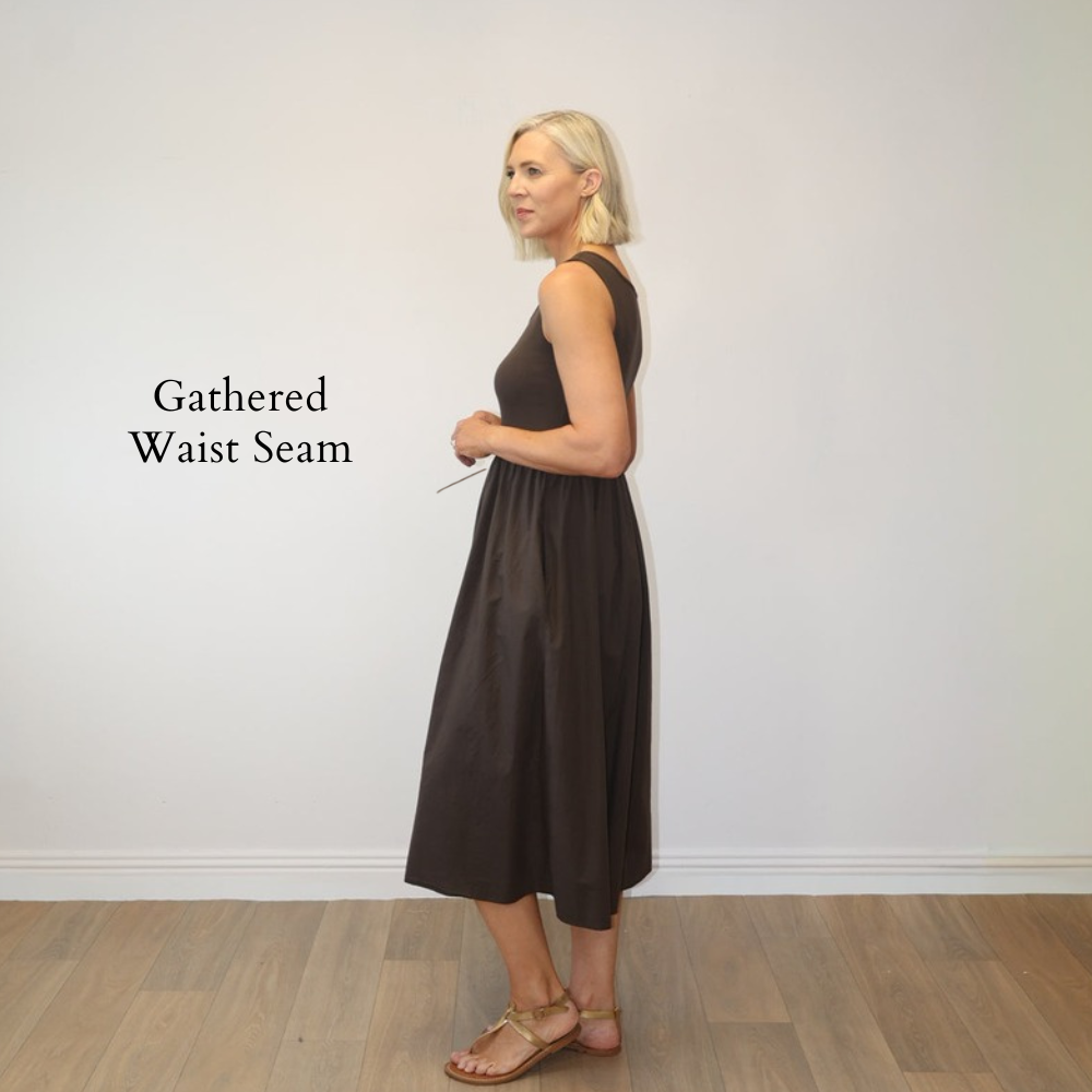 Amara Ribbed Dress Brown - Gathered Waist Seam