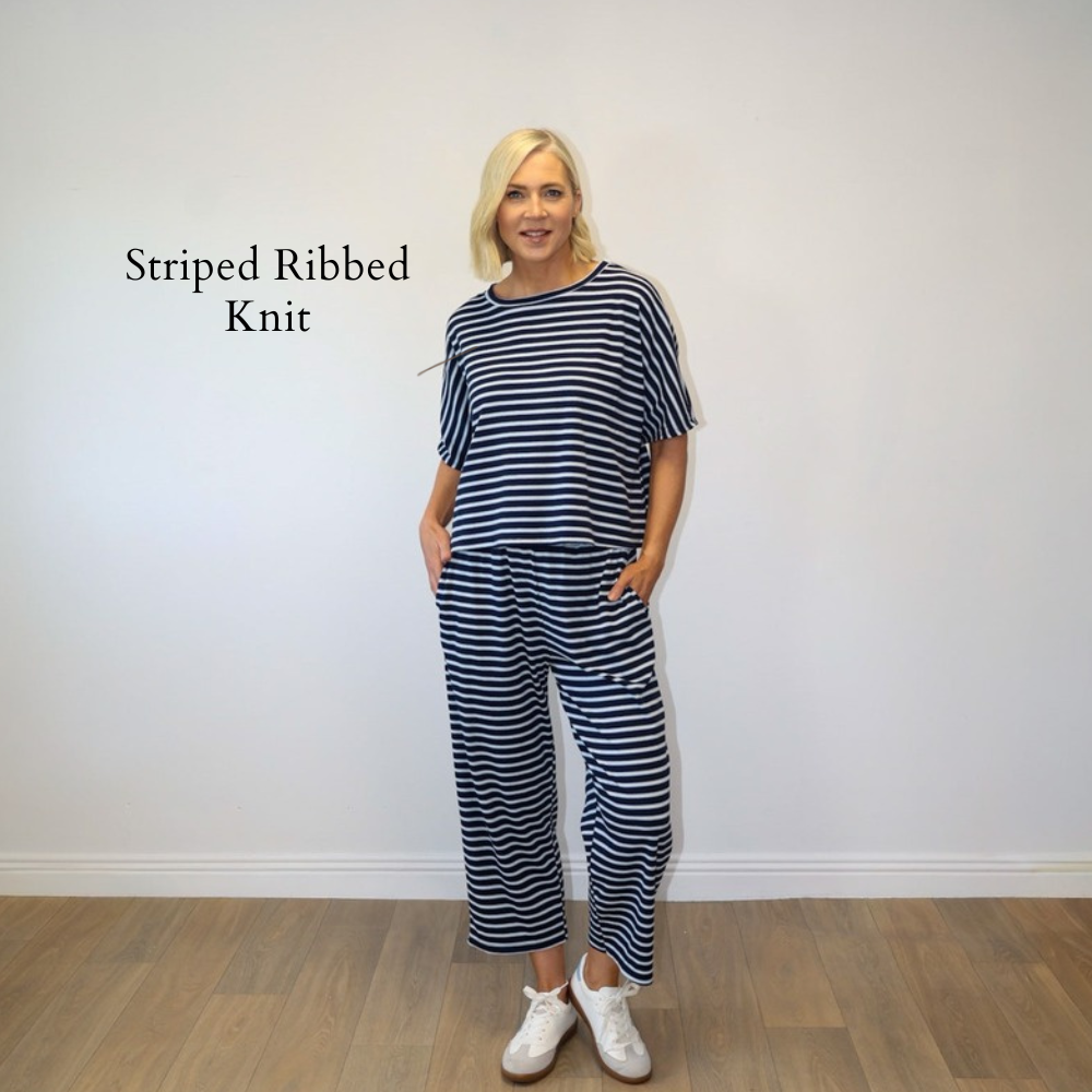 Yolanda Co-Ord (Navy/Blue Stripe) - Striped Ribbed Knit
