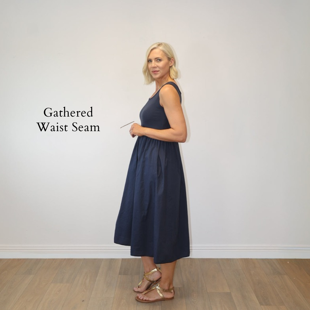 Amara Ribbed Dress Navy - Gathered Waist Seam
