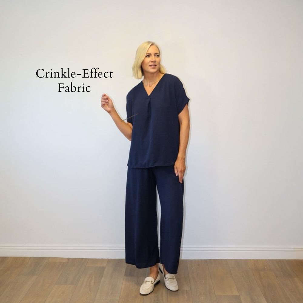 Quinn V-Neck Co-ord (Navy) - Crinkle-Effect Fabric