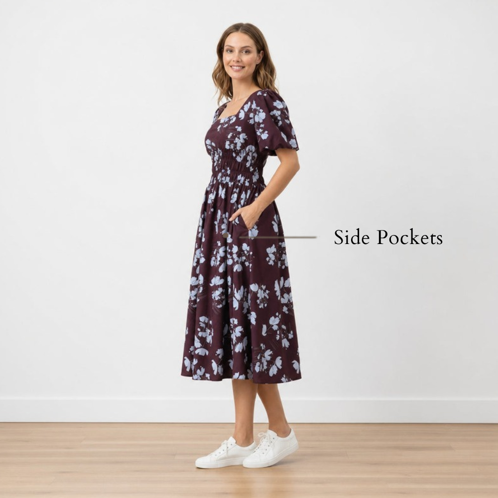 Iris Dress Berry Blue Flower - Side Pockets