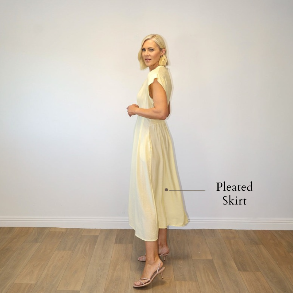 Elise Pleated Midi Dress (Lemon) - Pleated Skirt