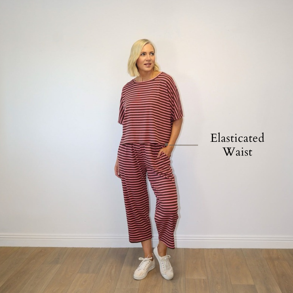 Yolanda Co-Ord (Coffee/Pink Stripe) - Elasticated Waist