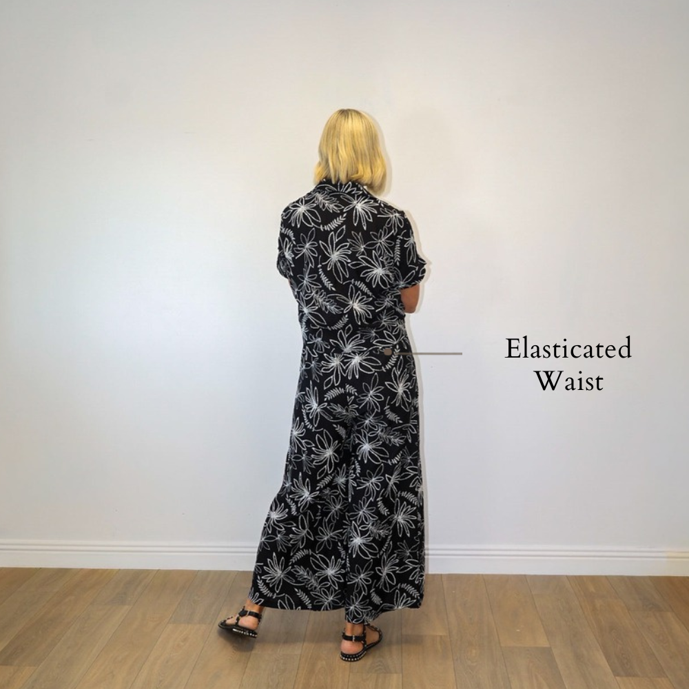 Flora Tie-Front Co-ord (Black Floral) - Elasticated Waist