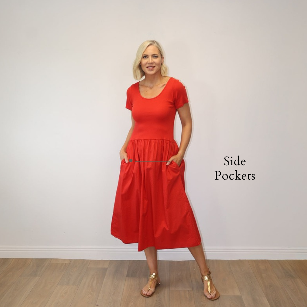 Serena Cap Sleeve Dress Red - Side Pockets