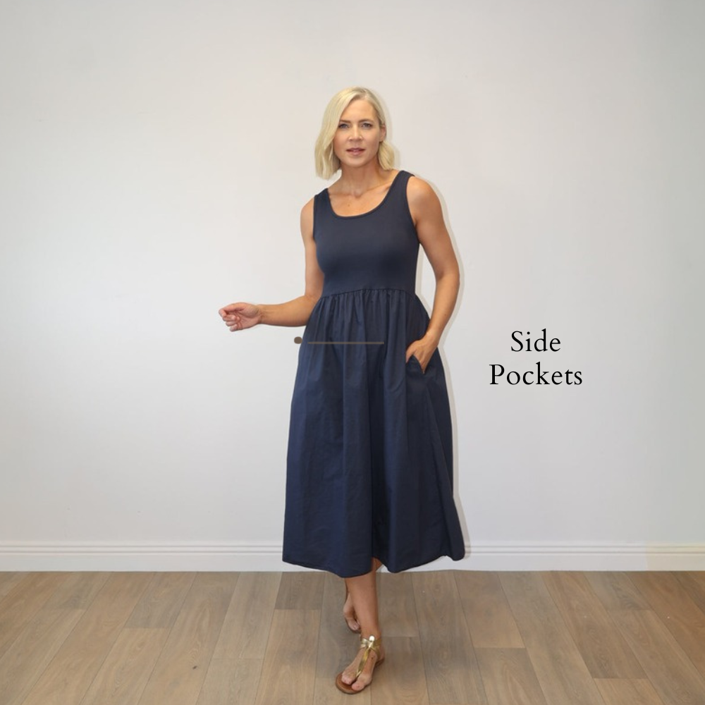 Amara Ribbed Dress Navy - Side Pockets