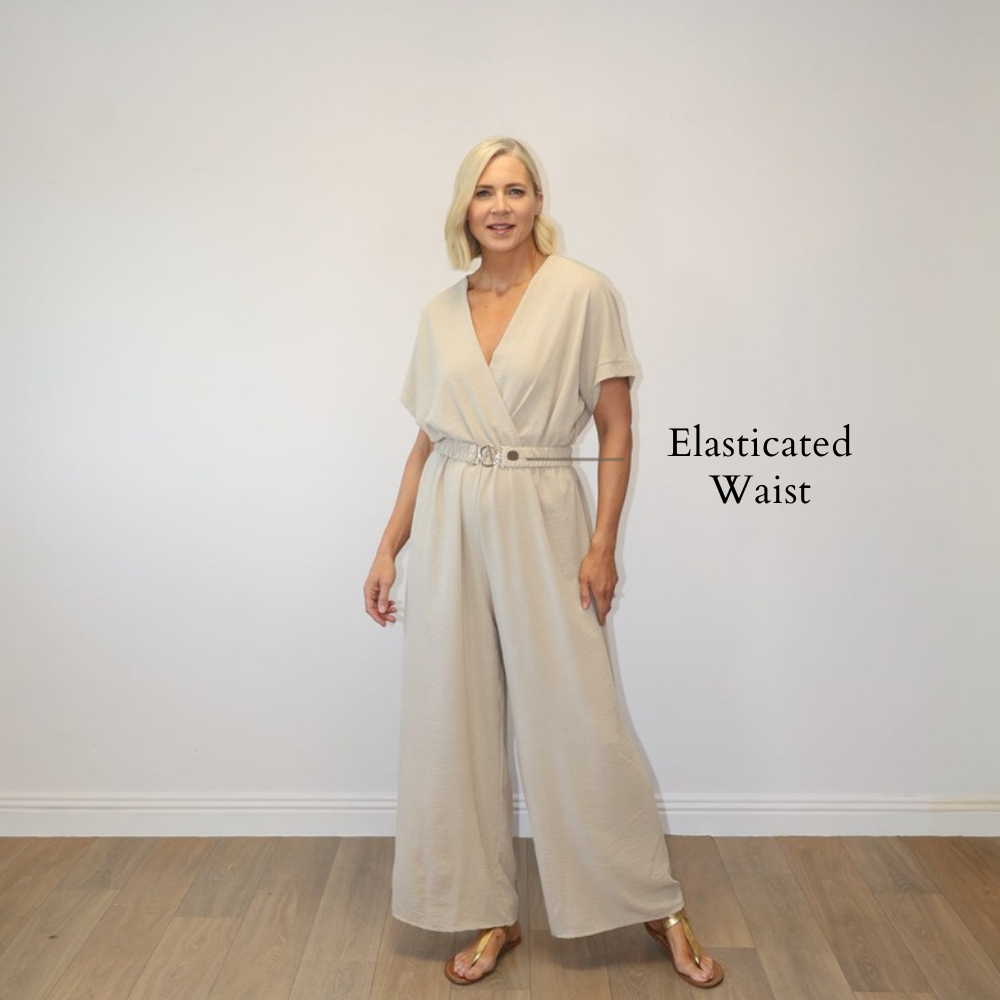Marbella Belted Jumpsuit Stone - Elasticated Waist