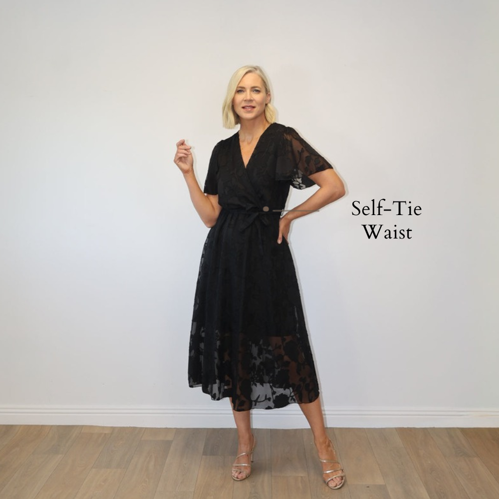 Rosie Floral Wrap Dress Black - Self-Tie Waist
