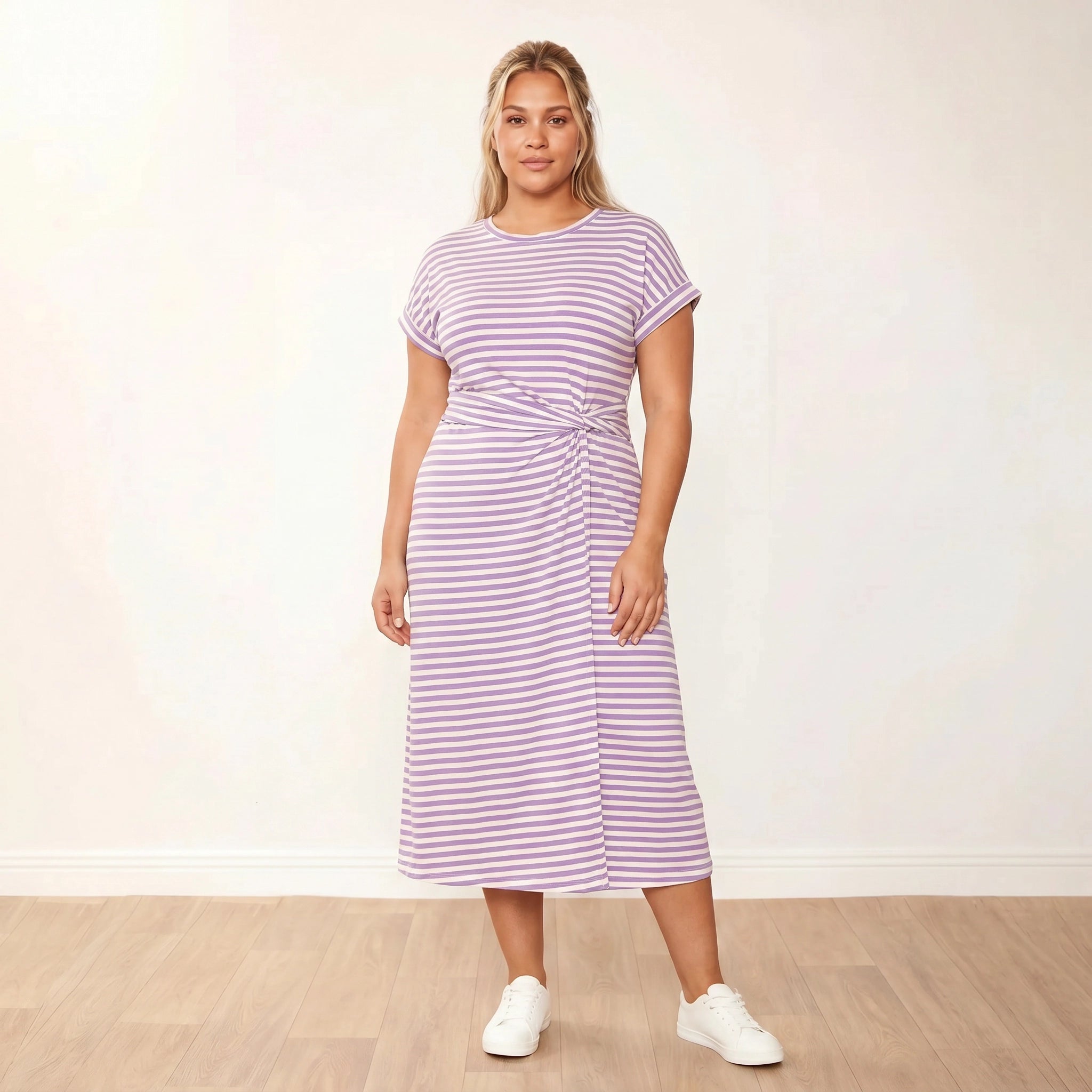 Lenny Dress Purple Stripe - Plus Size - Front arms relaxed