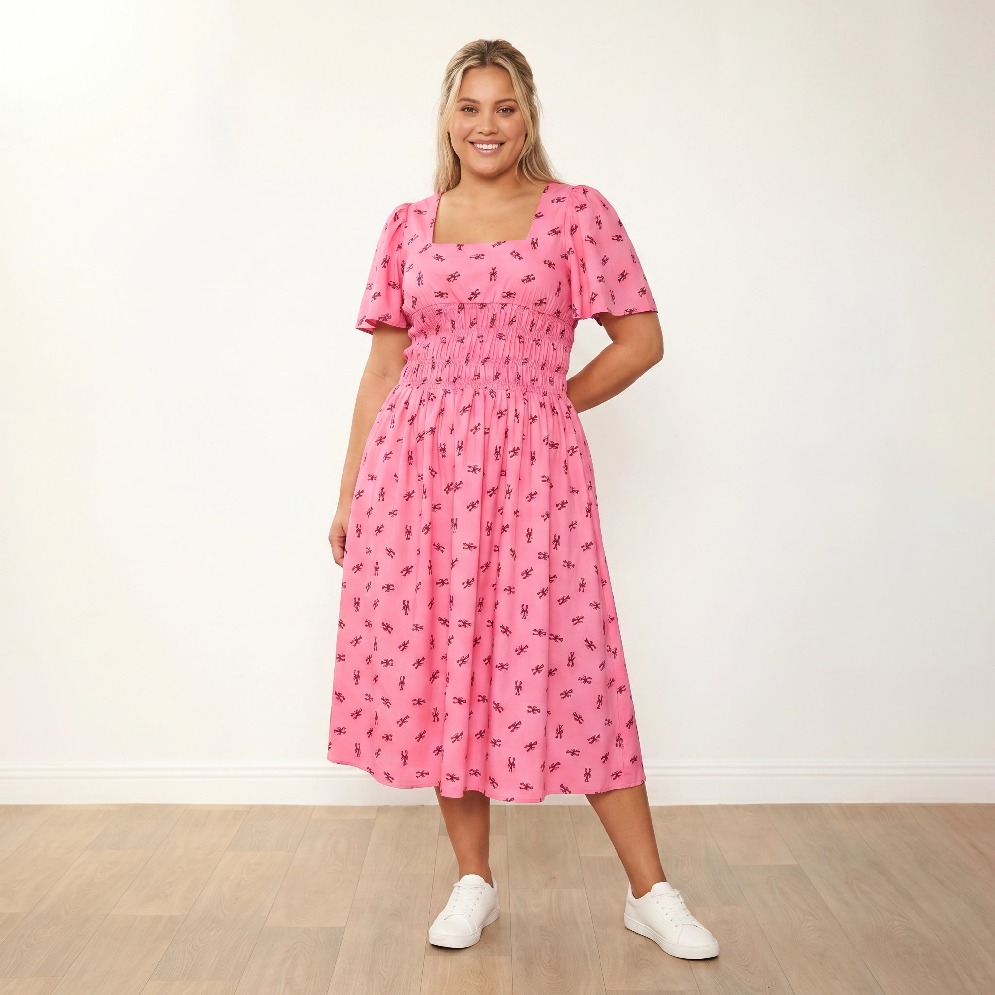 Iris Dress Pink Lobster - Plus Size XXL - Front Hands Behind Back