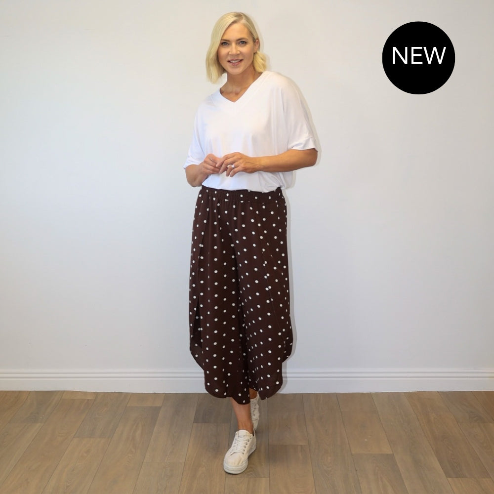 Sasha Wide Leg Pants (Brown Polka Dot)