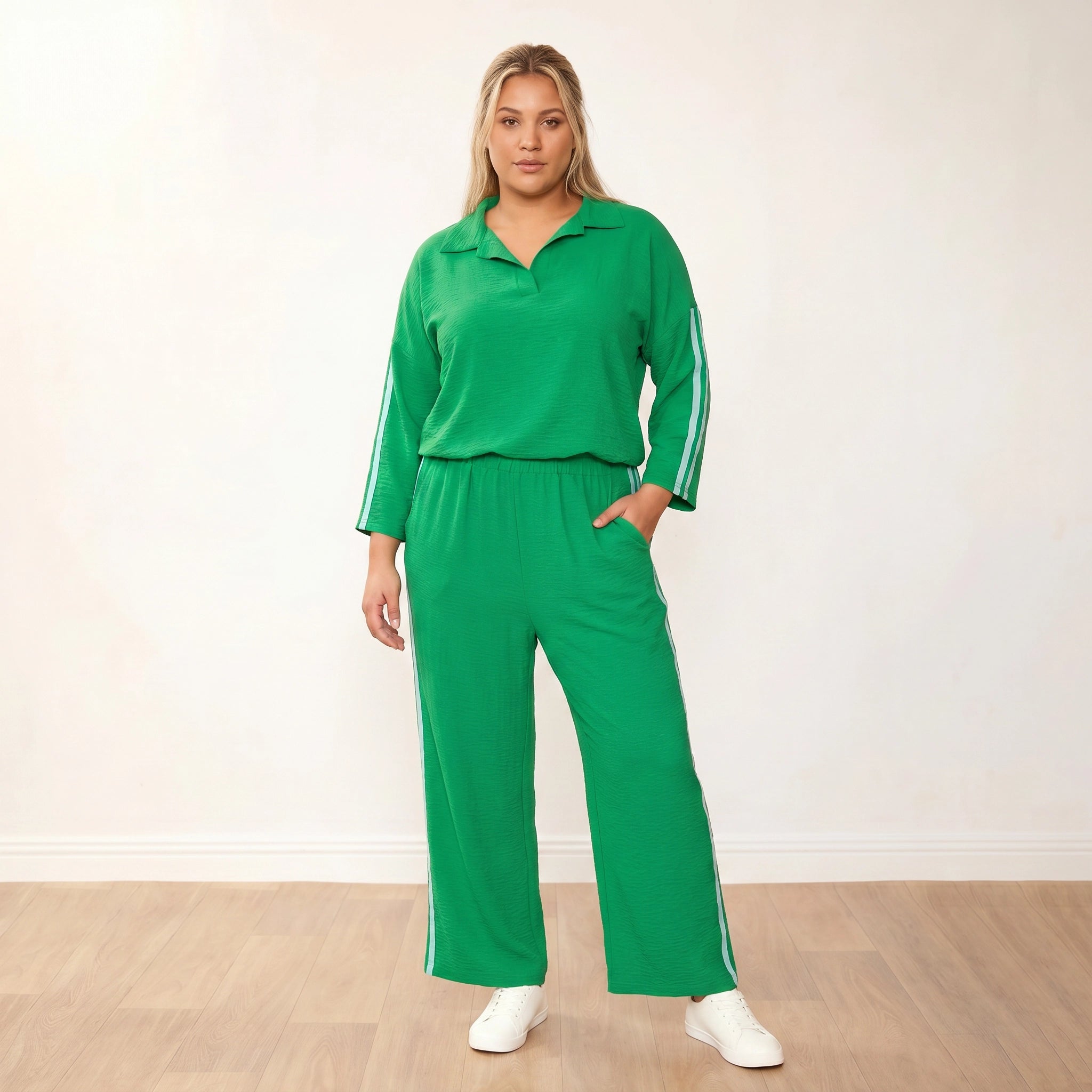 Clara Co-Ord Green Mint Stripe - Plus Size XXL - Front one hand in pocket relaxed