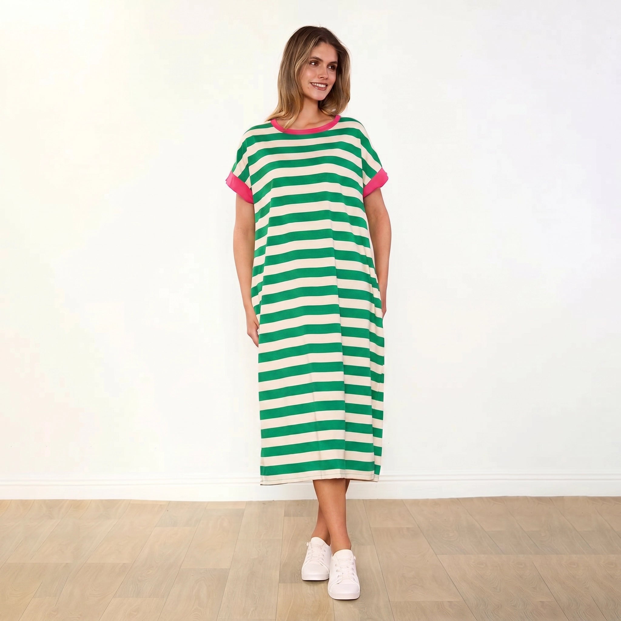 Rachel Dress Green Stripe Pink - Three Quarter Front