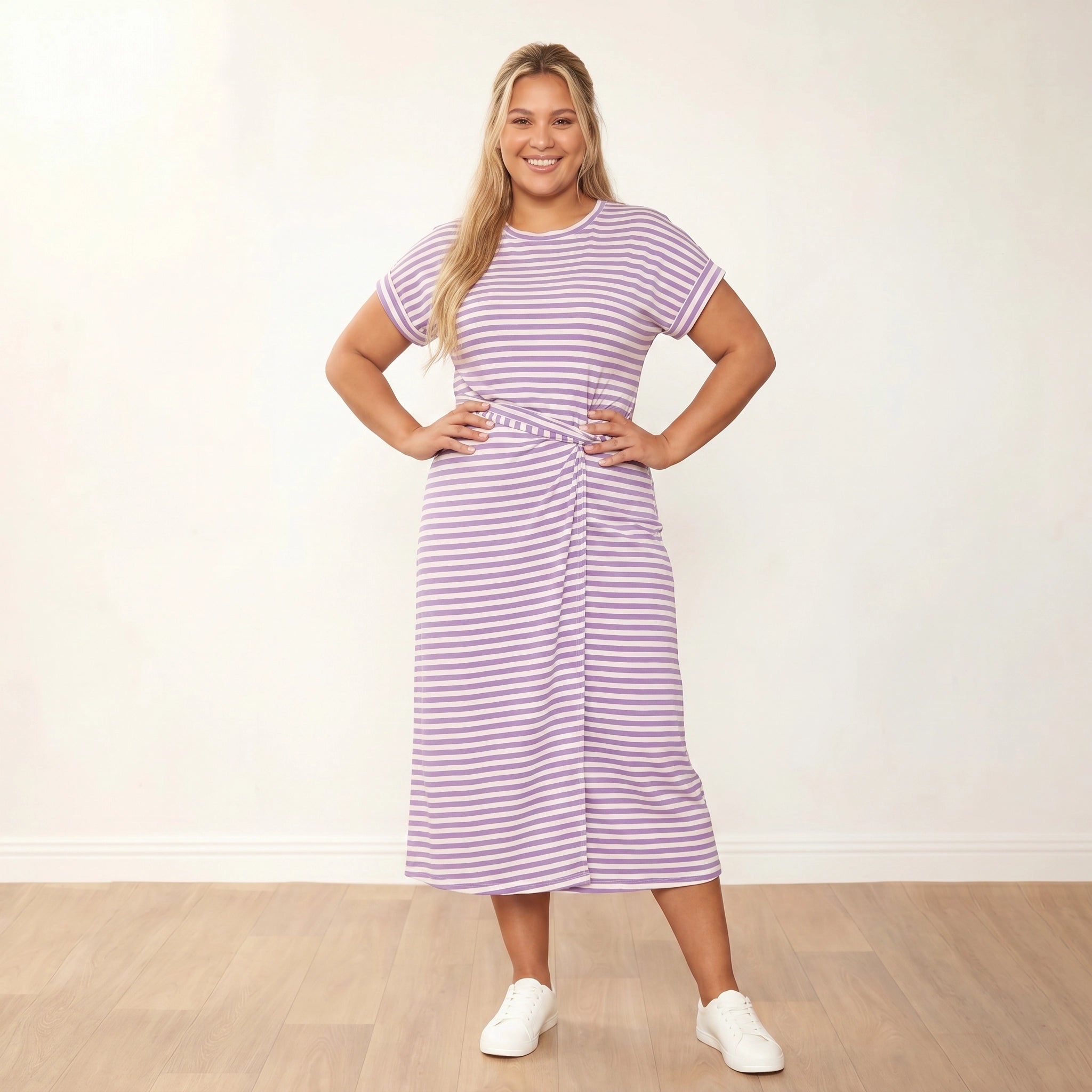 Lenny Dress Purple Stripe - Plus Size - Front hands on hips
