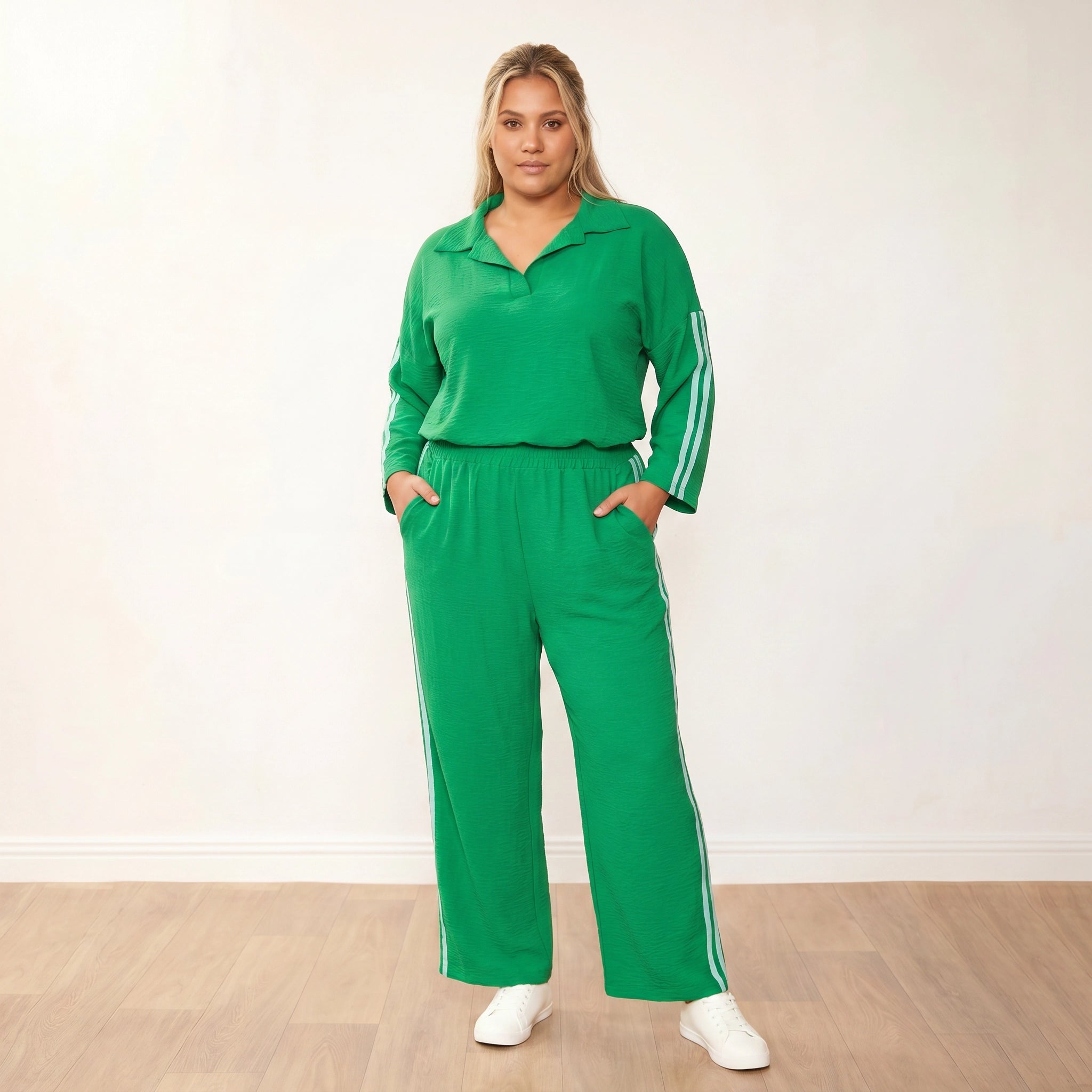 Clara Co-Ord Green Mint Stripe - Plus Size XXL - Front hands in pockets direct gaze