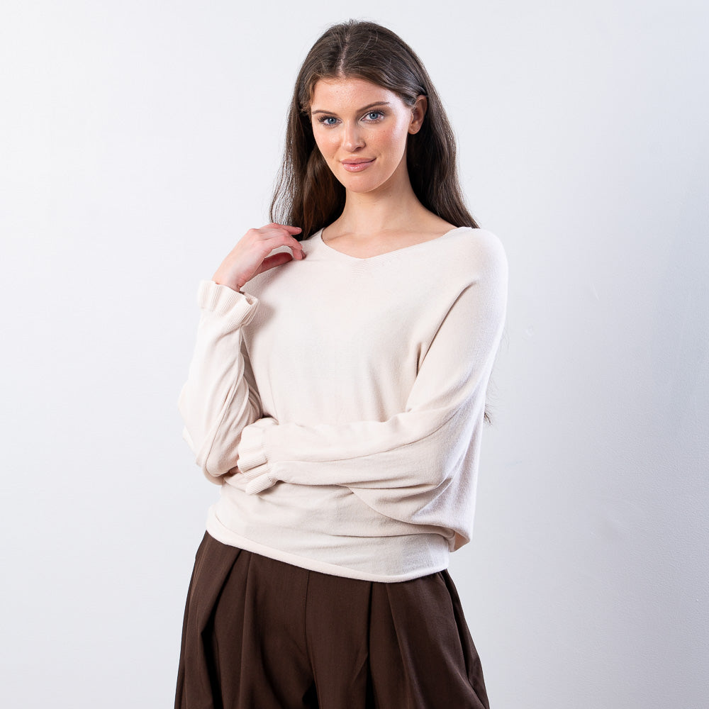 Lexie Batwing V-Neck Top (Beige)
