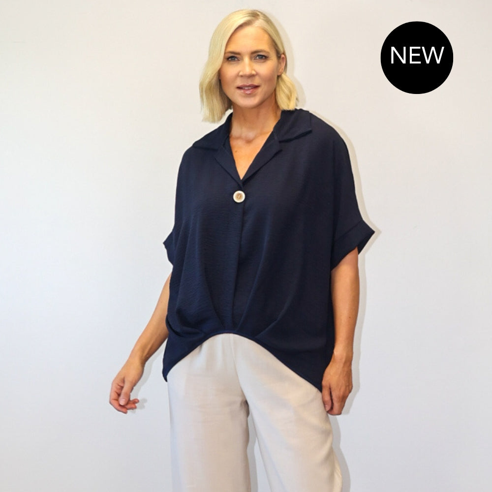Harper Collar Button Top (Navy)